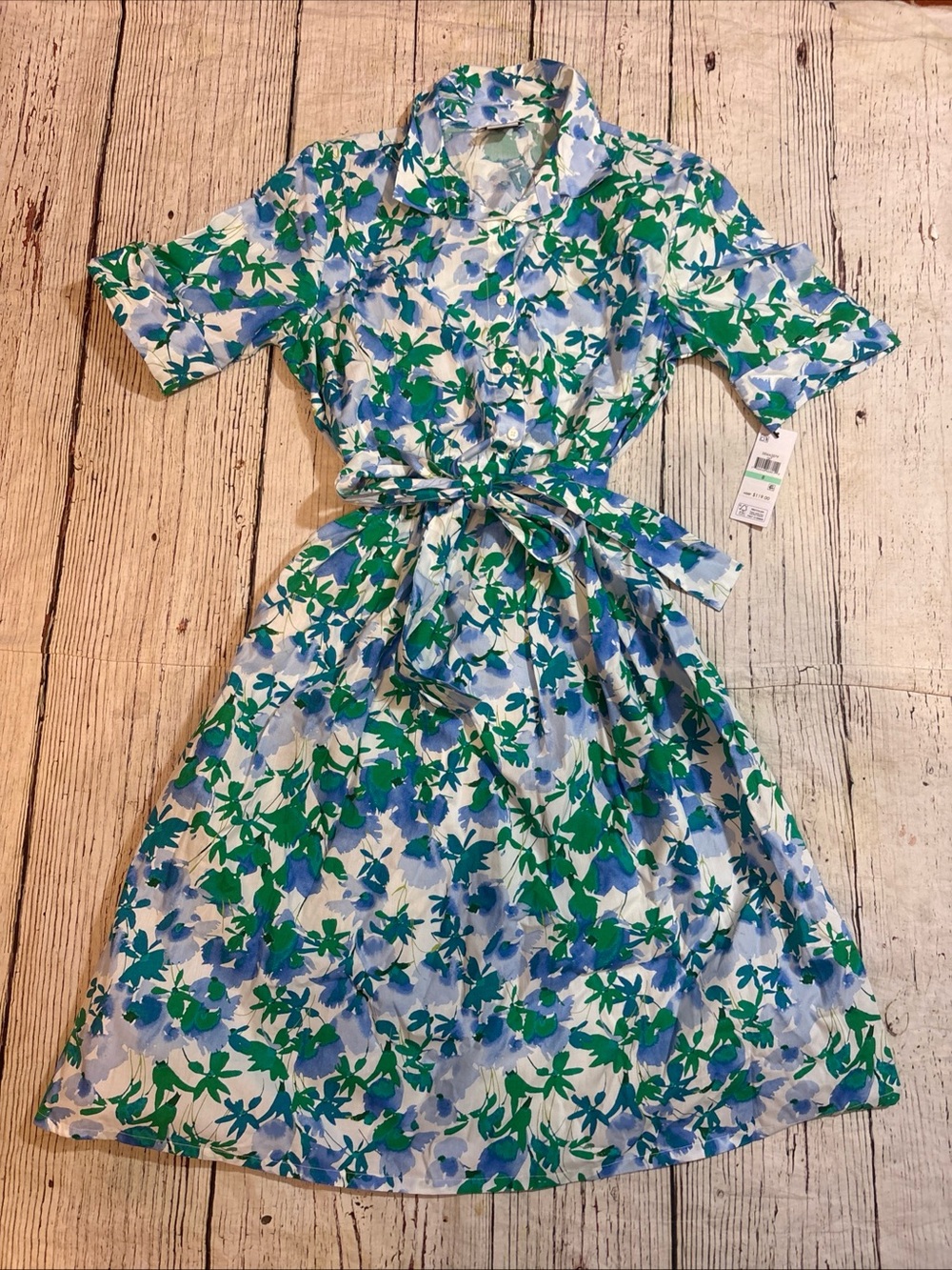 dkny green floral dress Button Front Midi Sz 8 Blue White Tie Waist Cotton NWT imprime_couleurY2_poisvert